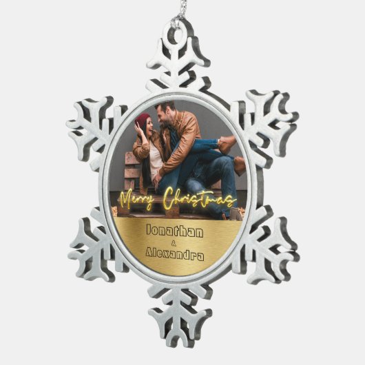 高級パーソナライズされたクリスマス金ゴールドとグレー スノーフレークピューターオーナメント (右)