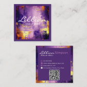 高級パープルおよび金ゴールド抽象芸術QRコード スクエア名刺 (正面/裏面)