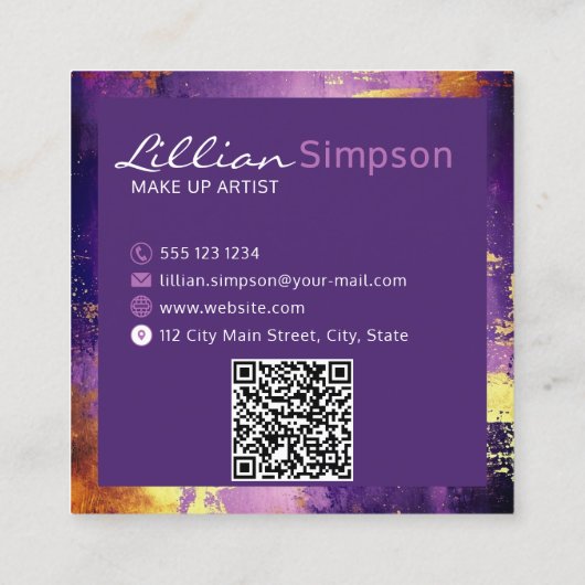 高級パープルおよび金ゴールド抽象芸術QRコード スクエア名刺 (裏面)
