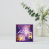 高級パープルおよび金ゴールド抽象芸術QRコード スクエア名刺 (スタンド正面)