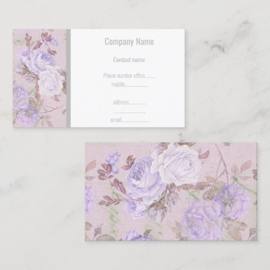 高級パープル薄紫フローラ銀ビジネスカード 名刺 (正面/裏面)