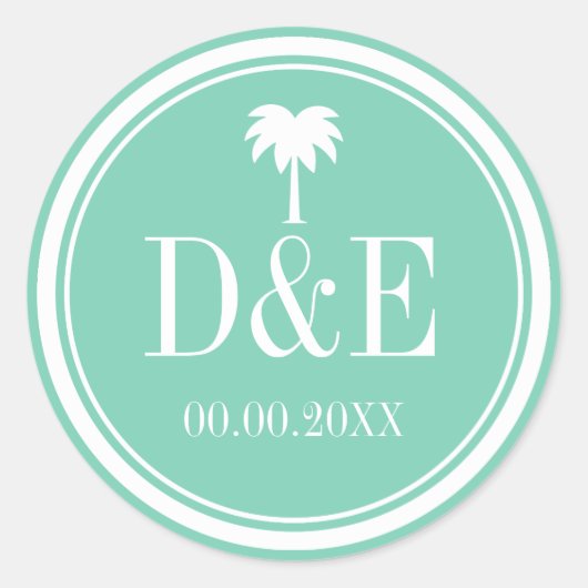 高級パームツリーモノグラムビーチ結婚式シール ラウンドシール (正面)
