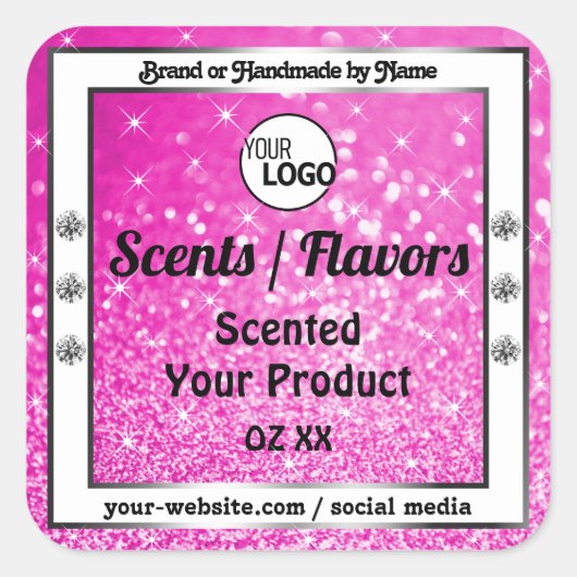 高級ピンクきらめくグリッター製品ラベルのロゴ スクエアシール (正面)