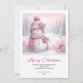 高級ピンクの雪だるまの子供向け編集可能なクリスマスカード シーズンカード (正面)
