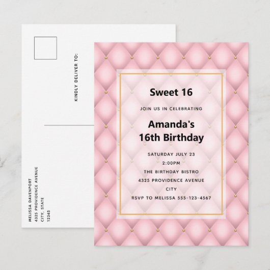 高級ピンクタフテッドダイヤモンドパターン インビテーションポストカード (正面/裏面)