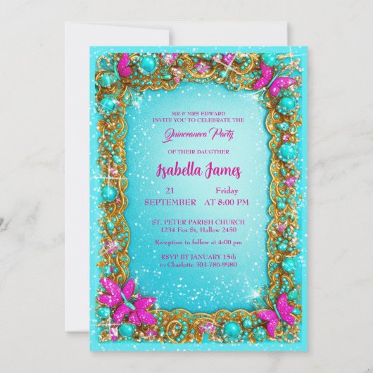 高級ピンクターコイズ金ゴールド宝石グリッター ファンシー 招待状 (裏面)