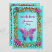 高級ピンクターコイズ金ゴールド宝石グリッター ファンシー 招待状 (正面/裏面)