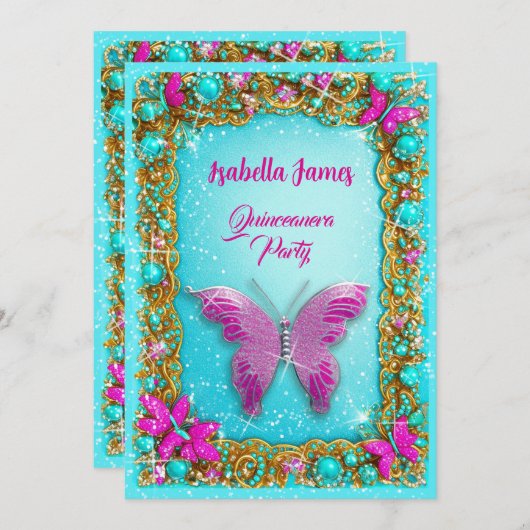 高級ピンクターコイズ金ゴールド宝石グリッター ファンシー 招待状 (正面/裏面)