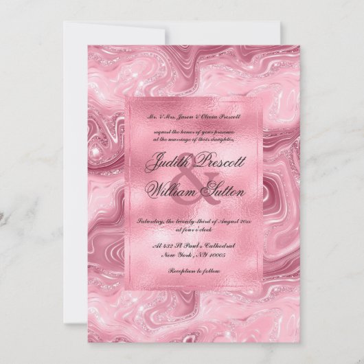 高級ピンクバーガンディグリッターマーブル結婚ズ 招待状 (正面)