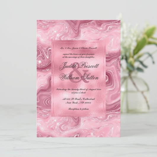 高級ピンクバーガンディグリッターマーブル結婚ズ 招待状 (スタンド正面)