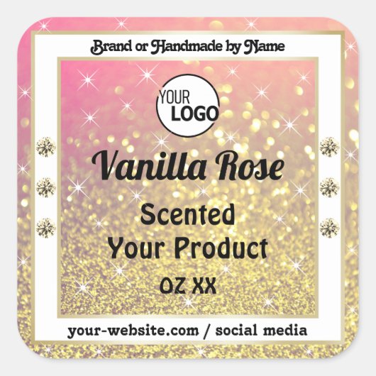 高級ピンクパープル金ゴールドグリッター製品ラベルロゴ スクエアシール (正面)