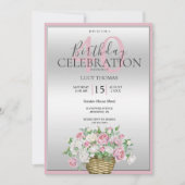 高級ピンクフラワーブーケデコレーション誕生日 招待状 (正面)