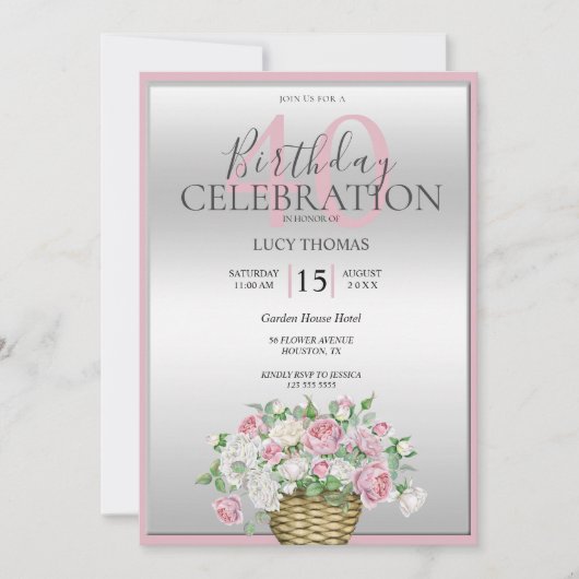 高級ピンクフラワーブーケデコレーション誕生日 招待状 (正面)