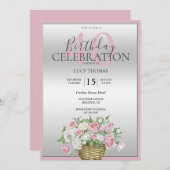 高級ピンクフラワーブーケデコレーション誕生日 招待状 (正面/裏面)