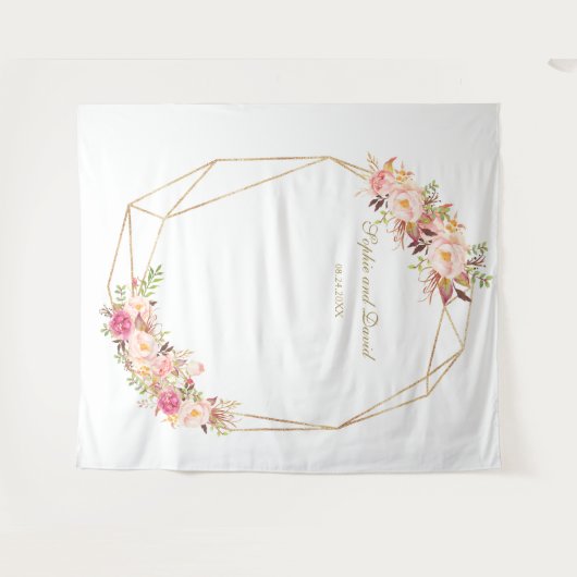 高級ピンクフローラ金ゴールド結婚のフォトブース タペストリー (正面(横))