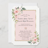 高級ピンク赤面花金ゴールドフレーム結婚ズ 招待状 (正面)