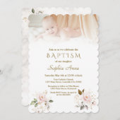 高級ピンク赤面金ゴールド花写真バプテスマ 招待状 (正面/裏面)