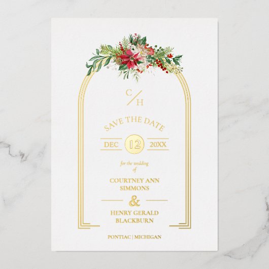 高級ファンシーイニシャルアーチフローラクリスマス 箔招待状 (正面)