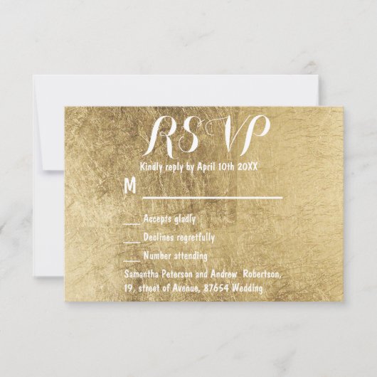高級フェイク金ゴールドリーフ結婚式RSVP 出欠カード (正面)