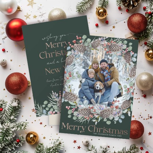 高級フェイク金ゴールド&グリーンメリークリスマス シーズンカード