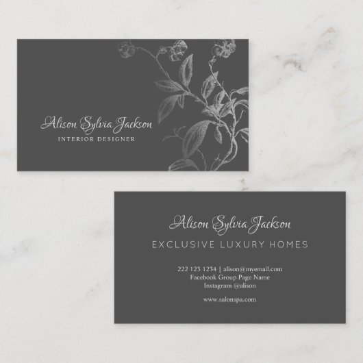 高級フェイク銀箔ダークグレーエレガント 名刺 (正面/裏面)