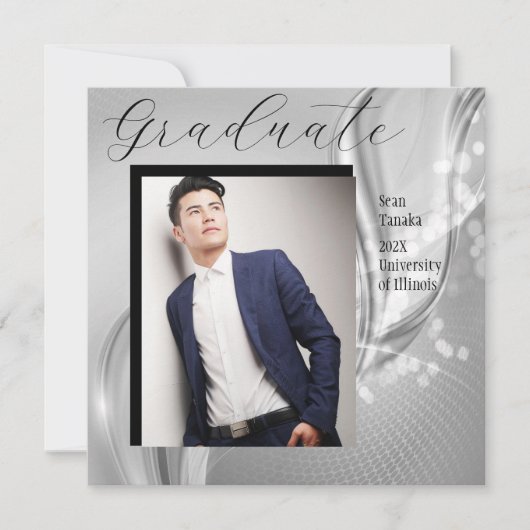 高級フォト卒業銀メタリック招待状 招待状 (正面)