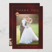 高級フォーマルブルゴーニュ金ゴールドフローラ結婚写真 サンキューカード (正面/裏面)
