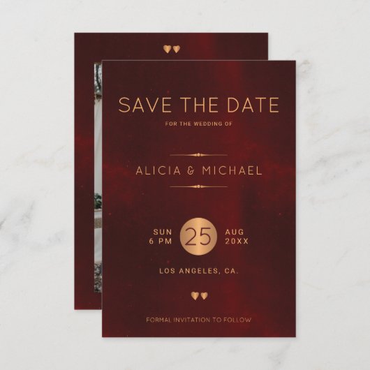 高級フォーマルブルゴーニュ金ゴールド結婚の写真 セーブザデート (正面/裏面)