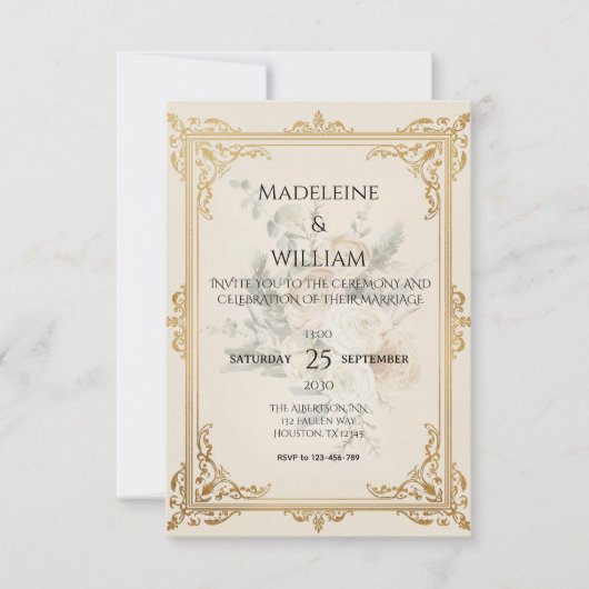 高級フォーマル金ゴールドエレガント結婚式の日付を保存 出欠カード (正面)