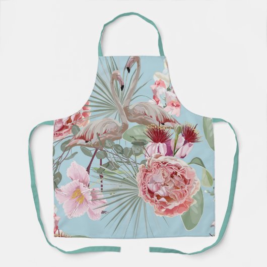 高級フローラとフラミンゴの明るい青かわいらし空 エプロン (正面)