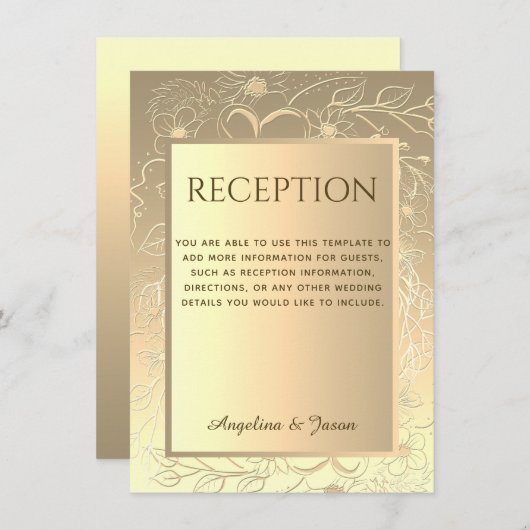 高級フローラエレガント金ゴールドウェディングレセプションカード (正面/裏面)