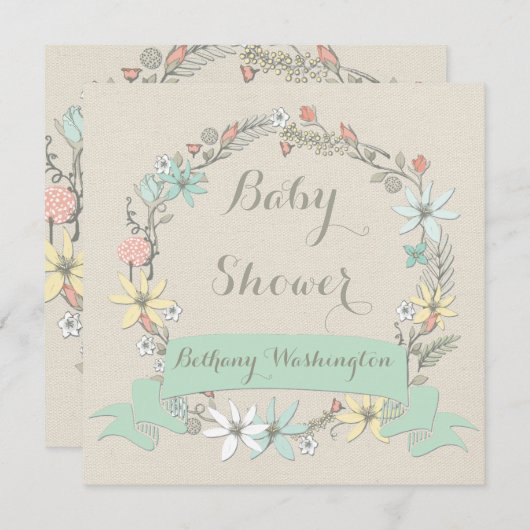 高級フローラリースとバナーベビーシャワー 招待状 (正面/裏面)