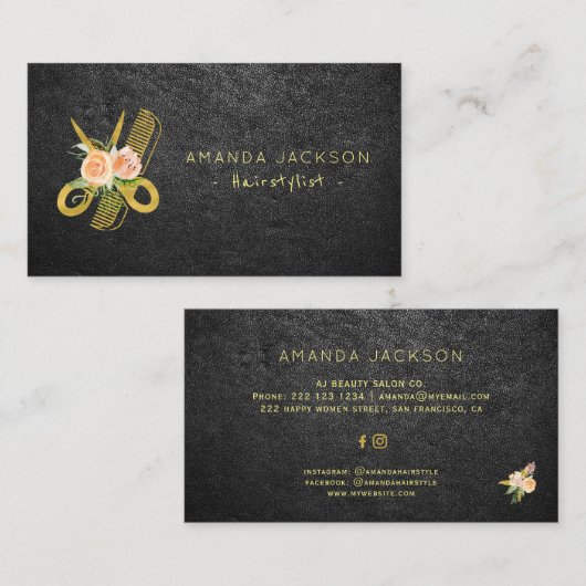 高級フローラ金ゴールドブラックレザーヘアスタイリスト 名刺 (正面/裏面)