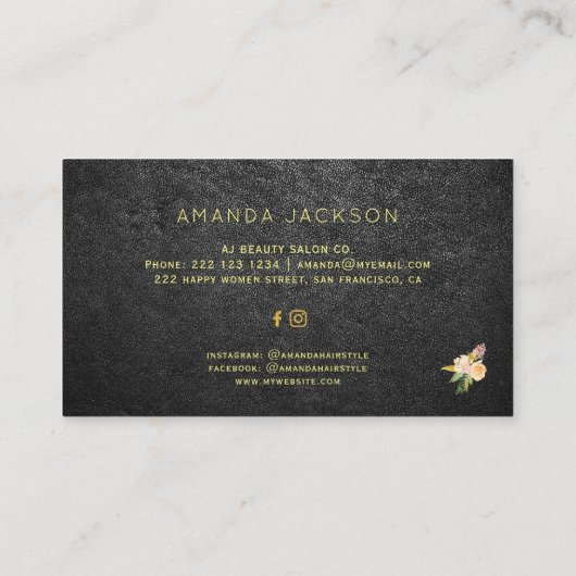 高級フローラ金ゴールドブラックレザーヘアスタイリスト 名刺 (裏面)