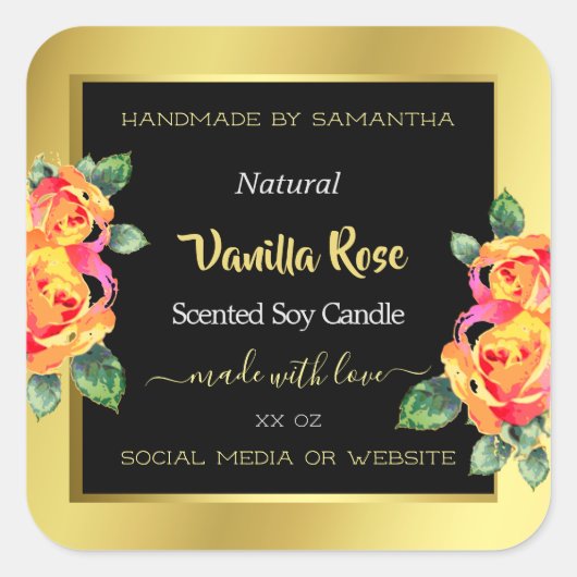 高級フローラ金ゴールドブラック製品パッケージラベル スクエアシール (正面)