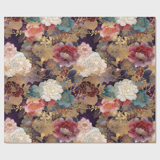 高級フローラ |ピンクと紫の牡丹と金ゴールド ラッピングペーパー (フラット)