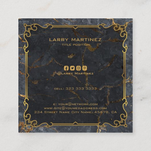 高級ブラックおよび金ゴールドマーブルヴィンテージ金ゴールドフレーム スクエア名刺 (裏面)