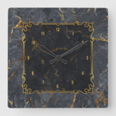 高級ブラックおよび金ゴールドマーブルヴィンテージ金ゴールドフレーム スクエア壁時計 (正面)