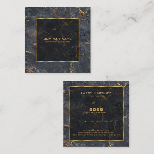 高級ブラックと金ゴールドマーブルシンプル金ゴールドフレーム スクエア名刺 (正面/裏面)