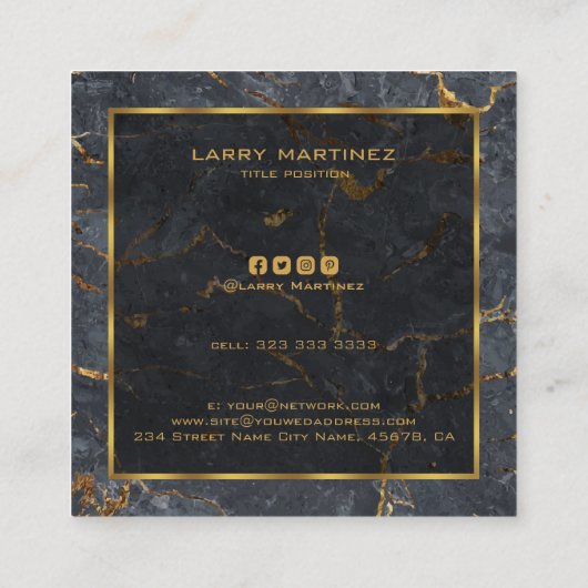 高級ブラックと金ゴールドマーブルシンプル金ゴールドフレーム スクエア名刺 (裏面)