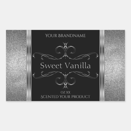 高級ブラックシルバーグリッター華美製品ラベル 長方形シール (正面)