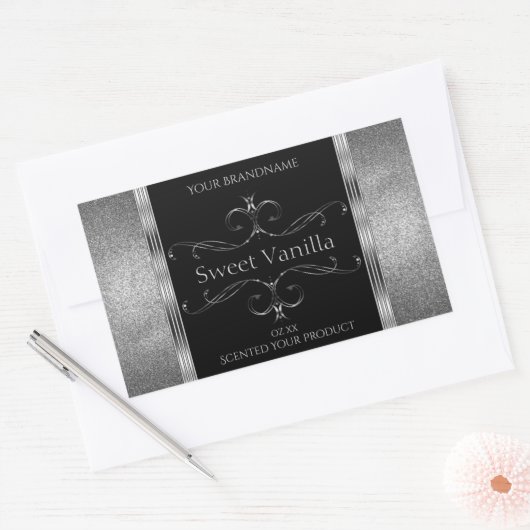 高級ブラックシルバーグリッター華美製品ラベル 長方形シール (封筒)
