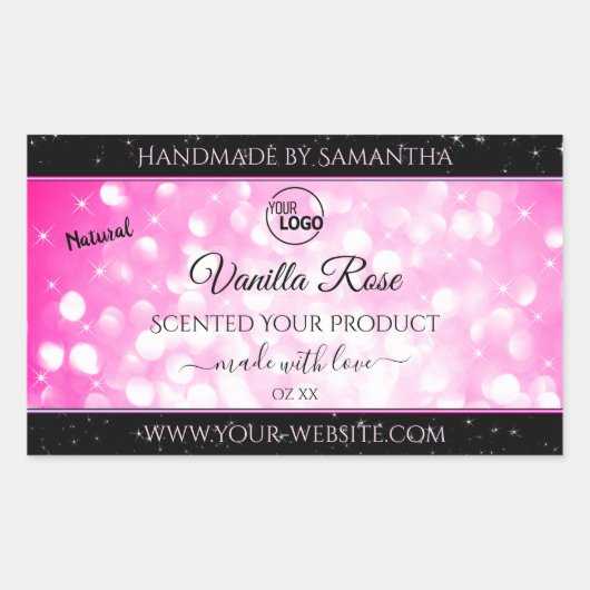 高級ブラックピンクグリッター製品ラベル追加ロゴ 長方形シール (正面)
