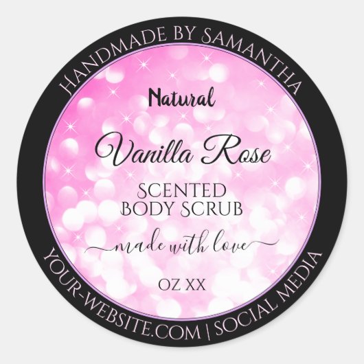 高級ブラックピンクグリッター製品包装ラベル ラウンドシール (正面)