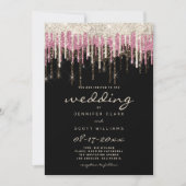 高級ブラック金ゴールドピンクグラムグリッタードリップ結婚ズ 招待状 (正面)