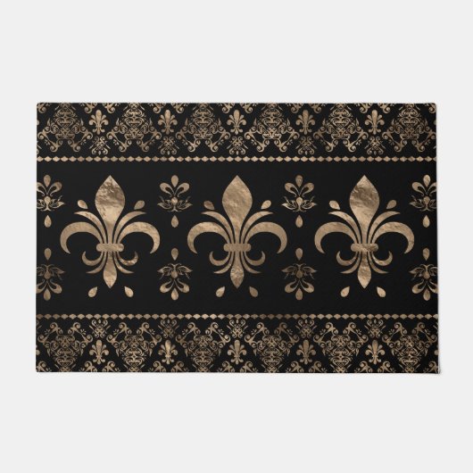 高級ブラック金ゴールドフルーアデリスオーナメント ドアマット (正面)