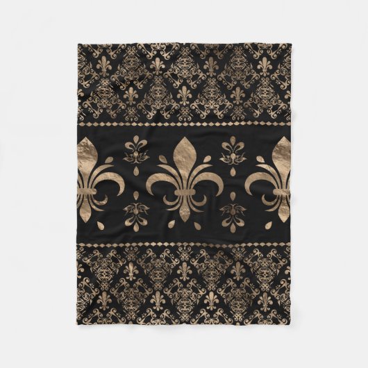 高級ブラック金ゴールドフルーアデリスオーナメント フリースブランケット (正面)
