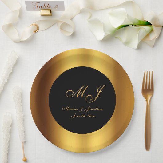 高級ブラック金ゴールド縁ど書結婚書の ペーパープレート (ウェディング)