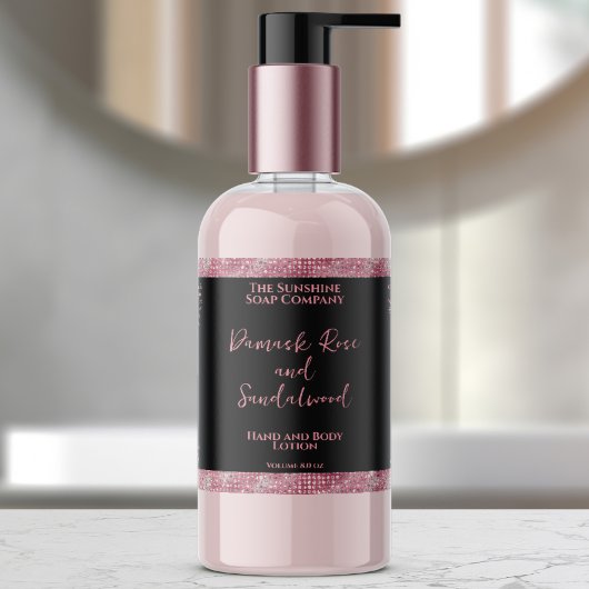 高級ブラック&ピンクグリッター化粧品ボトルラベル 長方形シール