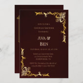 高級ブルゴーニュと金ゴールドが花開くカップルのシャワー 招待状 (正面/裏面)
